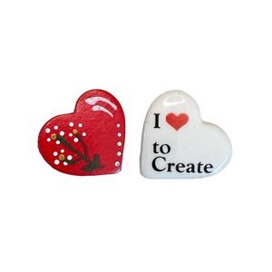 2 vintage heart pins, I love to create ceramic pin, wooden red heart pin